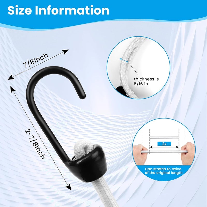 Joneaz Bungee Cords with Hooks Assorted Size White Heavy Duty, Including 12-Inch, 18-Inch, 30-Inch and 42-Inch, Nylon-Fiber and Rubber-Ribbon, UV Resistant - Image 3
